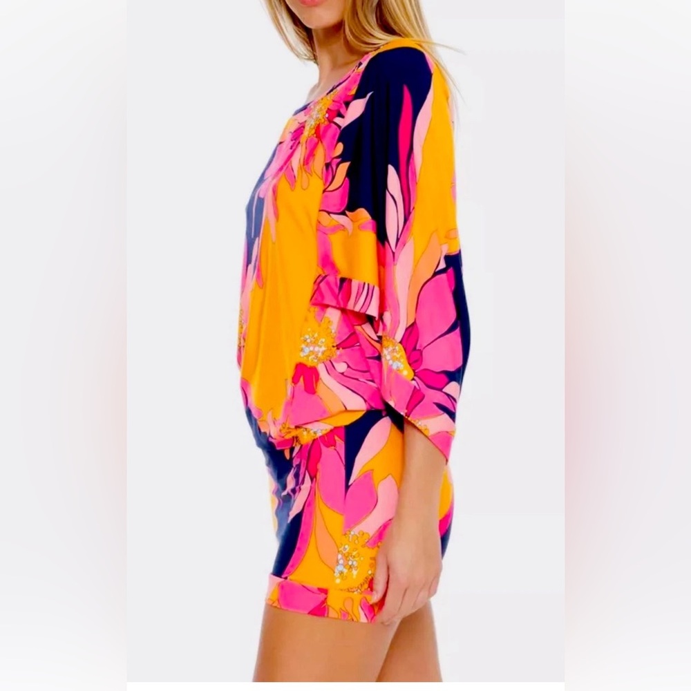 Trina Turk Breeze NWT floral bathing suit cover up wide 3/4 sleeve pink purple L - Picture 9 of 12